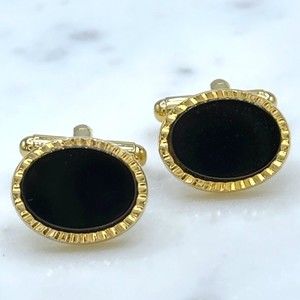 Vintage Oval Black Center & Gold Tone Bullet Back Elegant Formal Cufflinks